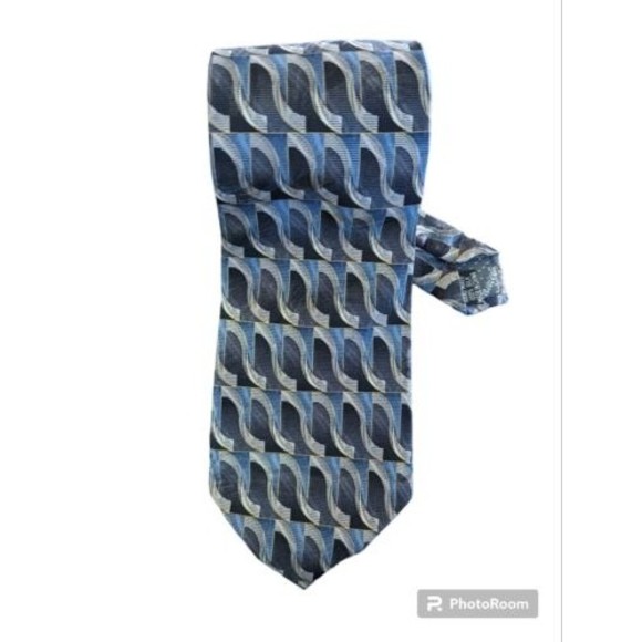 Keith Daniels Blue Silver Geometric Slope Print Silk Neck Tie Handmade 57" - Picture 1 of 6